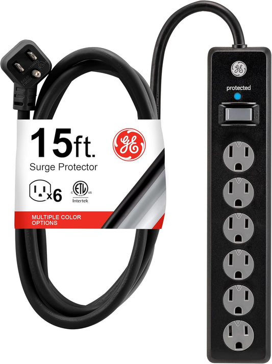 GE Surge Protector Power Strip, 15 Ft Extension Cord, 6 Outlet Extender, 800 Joules, Flat Plug, Twist-To-Close Safety Covers, ETL Listed, Black, 50767
